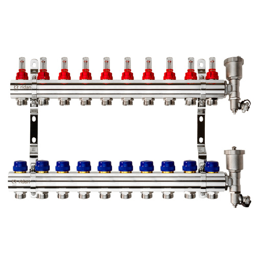 картинка Комплект коллекторов Ридан FHF-10RF set с расходомерами, кронштейнами и воздухоотводчиками, 10 конт. от магазина Сантехстрой