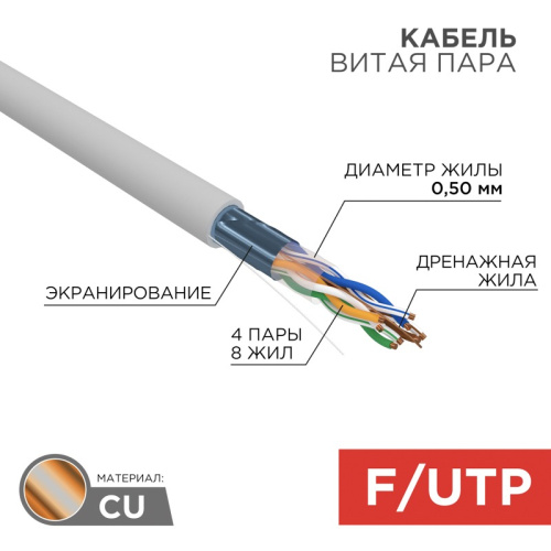 картинка Кабель витая пара F/UTP,  CAT 5e, PVC,  4PR,  24AWG, INDOOR, SOLID,  серый,  305 м,  REXANT от магазина Сантехстрой