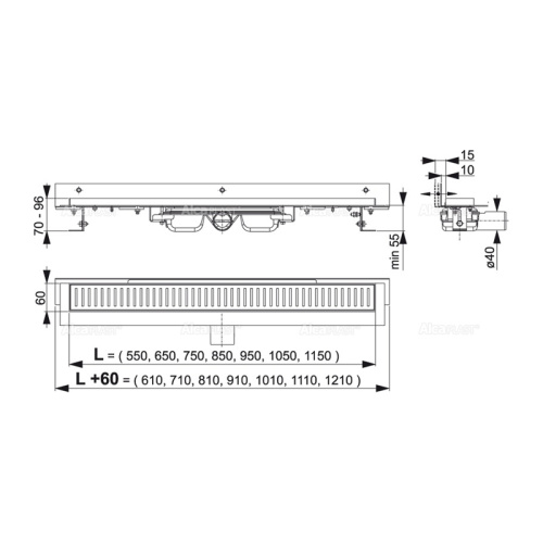 картинка Водоотводящий желоб Alcadrain Flexible Low 950, для перфорированной решетки с регулируемым краем, к стене от магазина Сантехстрой