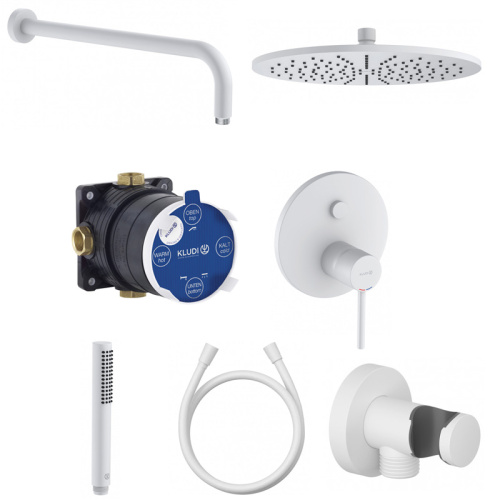 картинка Душевой комплект 7 в 1 KLUDI BOZZ керамический картридж, верхний душ 300 мм, белый матовый (386585376) от магазина Сантехстрой