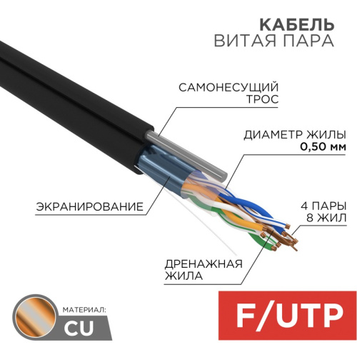 картинка Кабель витая пара F/UTP,  CAT 5e, PE,  4PR,  24AWG, OUTDOOR, SOLID,  черный,  с тросом,  305 м,  REXANT от магазина Сантехстрой