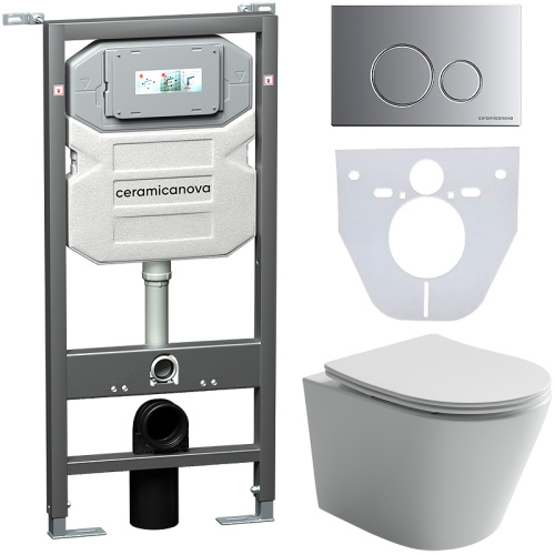 картинка Комплект унитаза с инсталляцией Ceramica Nova Balearica CN6000_1001M_1000 с сиденьем Микролифт и клавишей смыва Хром матовый от магазина Сантехстрой