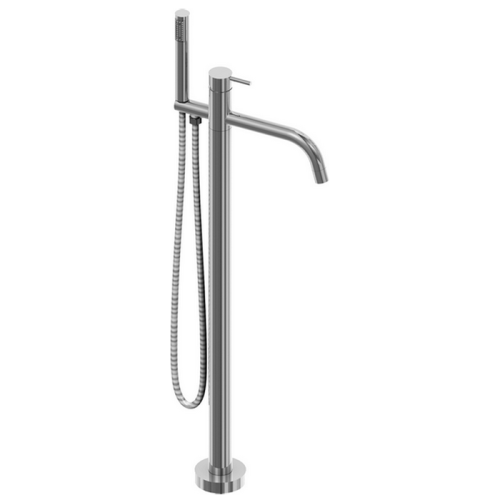 картинка CISAL Xion Смеситель напольный для ванны с ручной лейкой, держателем, шлангом 1,5 м, с встройкой в комплекте, цвет нержавеющая сталь от магазина Сантехстрой
