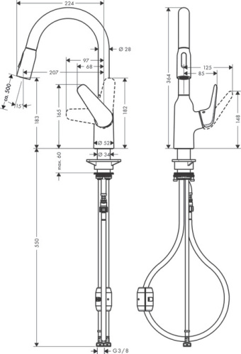 картинка смеситель для кухонной мойки hansgrohe focus m42 180, с вытяжным душем 2jet, однорычажный, хром (71801000)