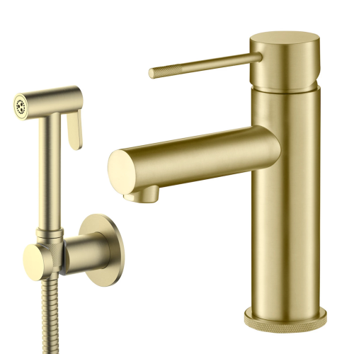 картинка Смеситель для раковины с гигиеническим душем Timo Saona золото матовое (2360/17G) от магазина Сантехстрой