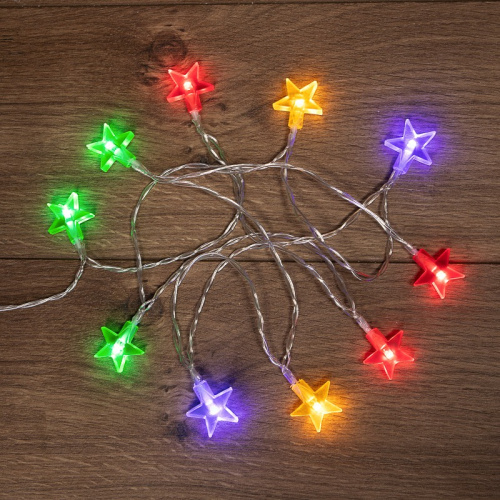 картинка Гирлянда светодиодная Звездочки 1,5 м,  10 LED,  прозрачный ПВХ,  цвет свечения мультиколор,  2 х АА (батарейки не в комплекте) NEON-NIGHT от магазина Сантехстрой