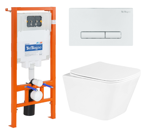 картинка Комплект 3 в 1 Унитаз подвесной с сиденьем BelBagno DUE BB3103CHR/SC + Система инсталляции для унитазов BelBagno BB002-80  с кнопкой смыва BB018-GV-BIANCO от магазина Сантехстрой