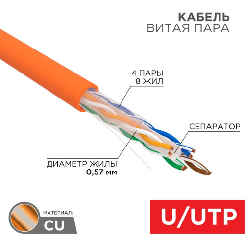 картинка Кабель витая пара U/UTP,  CAT 6, ZH нг(А)-HF,  4PR,  23AWG, INDOOR, SOLID,  оранжевый,  305 м,  REXANT от магазина Сантехстрой