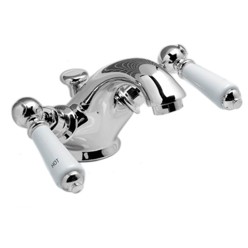 картинка Devon Dandy Смеситель для раковины на 1 отв., с донным клапаном, c ручками белыми, изменилась форма носика, цвет: хром от магазина Сантехстрой