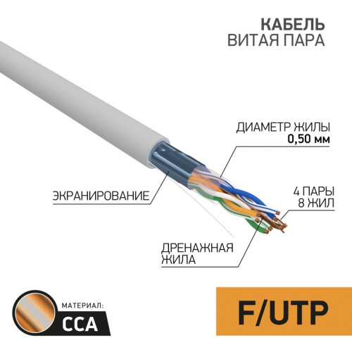 картинка Кабель витая пара омедненный, F/UTP,  CAT 5e, PVC,  4PR,  24AWG, INDOOR, SOLID,  серый,  50 м,  PROconnect от магазина Сантехстрой