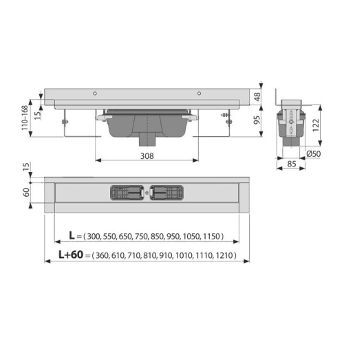 картинка Водоотводящий желоб Alcadrain 650. с порогами для цельной решетки, с воротником к стене от магазина Сантехстрой