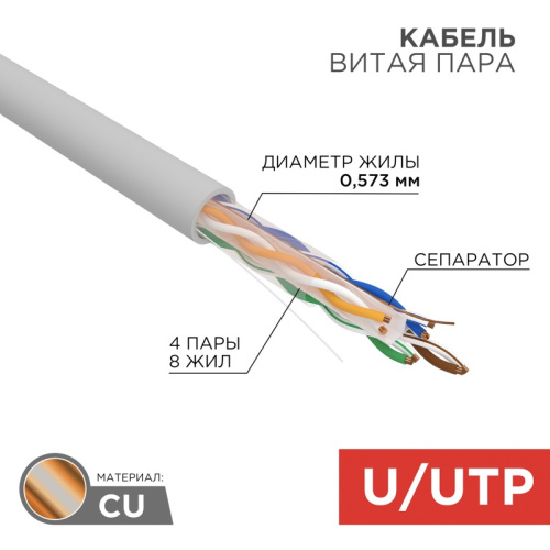 картинка Кабель витая пара U/UTP,  CAT 6, ZH нг(А)-HF,  4PR,  23AWG, INDOOR, SOLID,  серый,  305 м,  REXANT от магазина Сантехстрой
