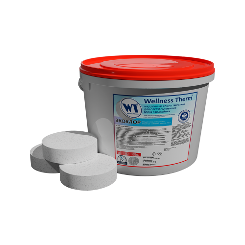 картинка Медленный хлор в таблетках Wellness Therm ЭКОХЛОР для обеззараживания воды в бассейнах 5 кг (200г) от магазина Сантехстрой