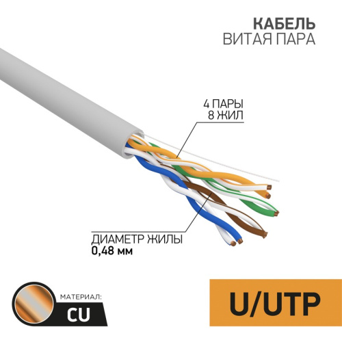 картинка Кабель витая пара U/UTP,  CAT 5e, PVC,  4PR,  24AWG, INDOOR, SOLID,  серый,  100 м PROconnect от магазина Сантехстрой