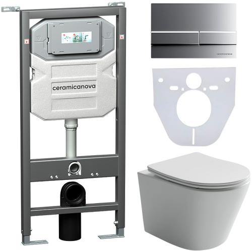 картинка Комплект унитаза с инсталляцией Ceramica Nova Balearica CN6000_1002M_1000 с сиденьем Микролифт и клавишей смыва Хром матовый от магазина Сантехстрой