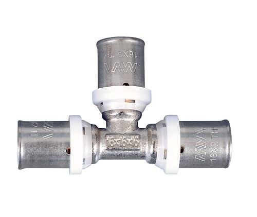 картинка Тройник, MVI, пресс соединение, 20, равносторонний, латунь никелированная от магазина Сантехстрой