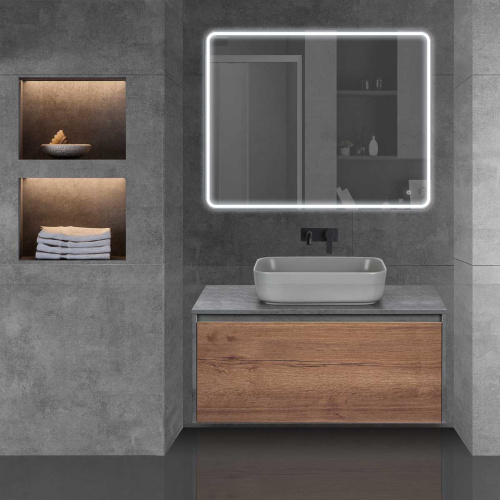 картинка Тумба под раковину Mesa 1000 подвесная, 1 выкатной/1 скрытый ящик soft close, T.Oak + Beton от магазина Сантехстрой