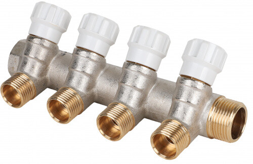 картинка Коллектор, MVI, Premium, 3/4" x 1/2"ЕК, 4 выхода, материал-латунь никелированная, с регулирующими вентилями от магазина Сантехстрой