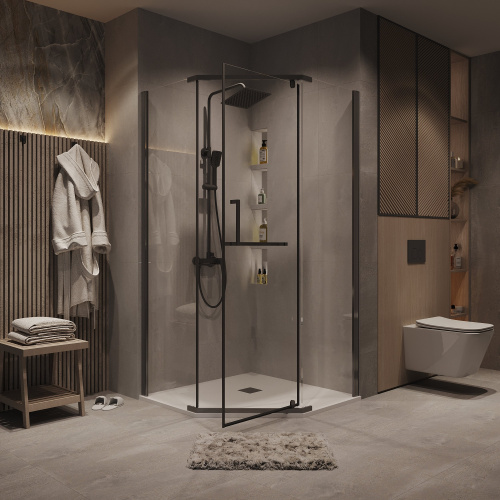 картинка Душ.ограждение 302.K33.03.9090.42.00 Pragma (90*90*195) трапеция,распашн,графит сатин,стекло прозрач от магазина Сантехстрой