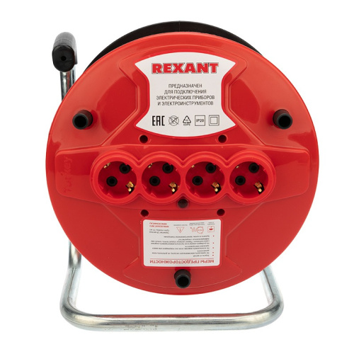 картинка Удлинитель-шнур на катушке REXANT ПВС 3х1.0, 50 м,  4 гнезда,  с/з,  10 А,  2200 Вт,  IP20, оранжевый (Сделано в России) от магазина Сантехстрой