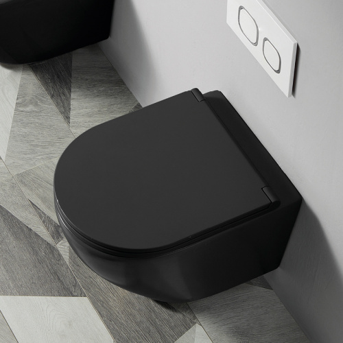 картинка Унитаз подвесной Azario Grado 490х370х360 безободковый с сиденьем микролифт, черный матовый (AZ-0046-MB) от магазина Сантехстрой