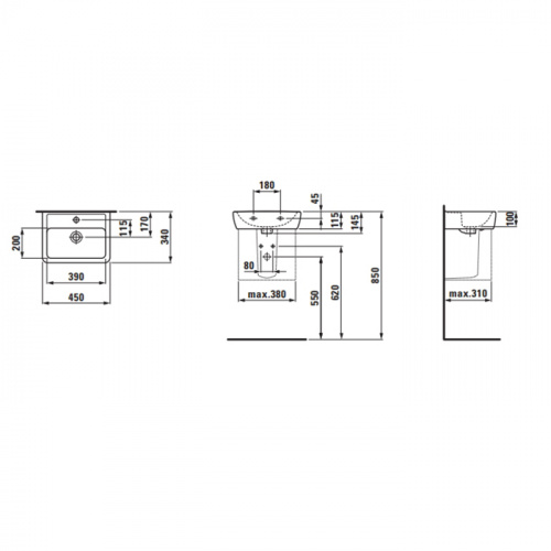 картинка Laufen Pro Раковина мини 45х34х11,5 см,подвесная/накладная с 1отв., c переливом, цвет: белый от магазина Сантехстрой