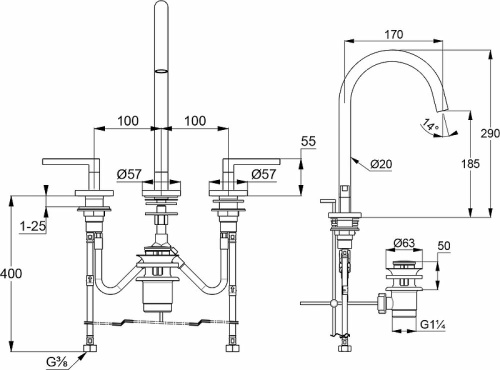 картинка Смеситель для раковины KLUDI NOVA FONTE Puristic на 3 отверстия, с донным клапаном, хром (201430515) от магазина Сантехстрой