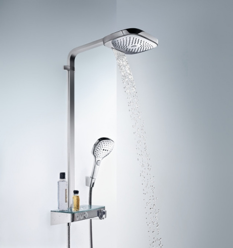 картинка HG Raindance Select E Душевая система Showerpipe: верх.душ 300 3jet, ручн.душ, шланг, термостат с полочкой, цвет: хром от магазина Сантехстрой