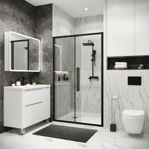 картинка Дверь в нишу 100.K33.02.120.21.00 Cosmo (120*195) черный матовый, стекло прозрачное, 1 место от магазина Сантехстрой