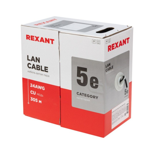 картинка Кабель витая пара U/UTP,  CAT 5e,  ZH нг(А)-HF,  4PR,  24AWG, OUTDOOR, SOLID,  черный,  305 м,  REXANT от магазина Сантехстрой