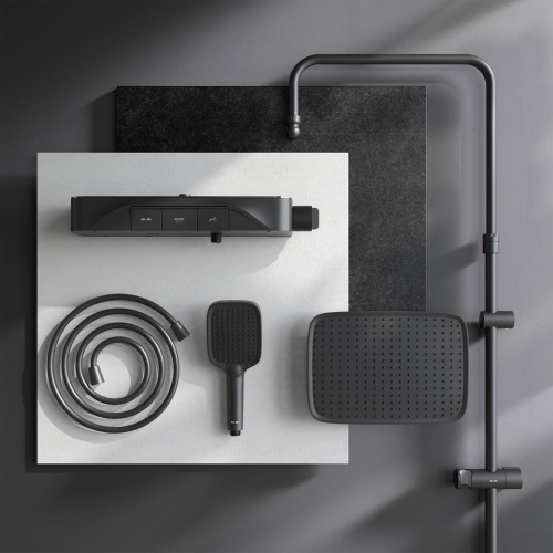 картинка F078F222 Func, душ. система: см-ль-полка д/душа с ТМС: душ.штанга, верхн. душ квадр., ручн.душ, черн от магазина Сантехстрой