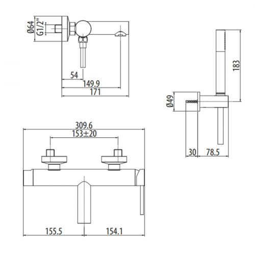 картинка GATTONI CIRCLE ONE Смеситель настенный для ванны,с ручной лейкой на держателе. цвет NERO OPACO от магазина Сантехстрой
