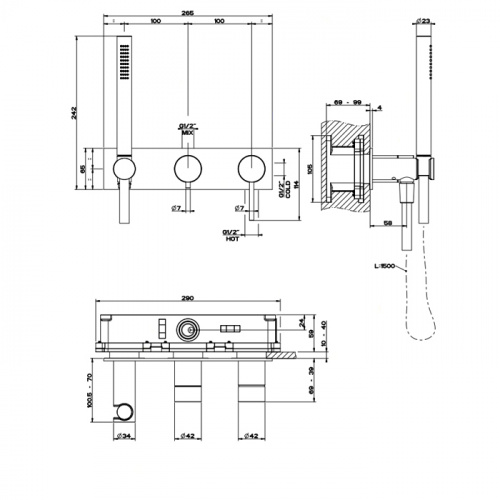 картинка GESSI 316 Встраиваемый смеситель для ванны, автомат переключатель ванна-душ, держатель неподвижный (внешняя часть), цвет: steel brushed от магазина Сантехстрой