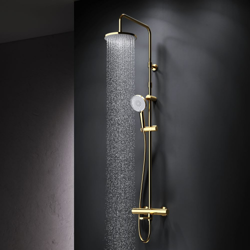 картинка F0785A599 X-Joy, душ.система:  см-ль д/ванны/душа с ТМС, душ.штанга,верх.душ 220мм, руч.душ, золото от магазина Сантехстрой