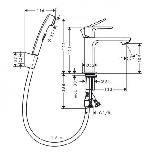 картинка HG Rebris S Смеситель для раковины 110, с гигиеническим душем, цвет хром от магазина Сантехстрой