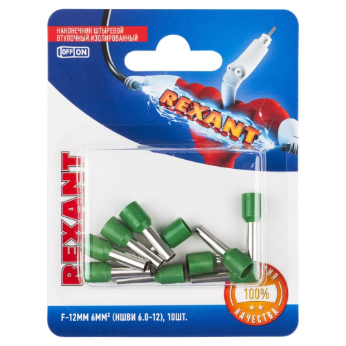 картинка Наконечник штыревой втулочный изолированный F-12 мм 6 мм² (НШВи 6.0-12 / Е 6,0-12 / E6012) зеленый,  в упак.  10 шт.  REXANT от магазина Сантехстрой