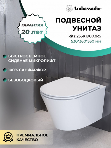 картинка Унитаз Ritz 233K19003RS (530*360*350) подвесной БЕЗОБОДКОВЫЙ, 2 места от магазина Сантехстрой