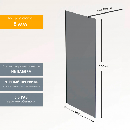 картинка Душевая перегородка, ограждение Reflexion RX200100TBL-15 Walk in 200x100см, тонированное закаленное стекло 8мм, черный профиль от магазина Сантехстрой