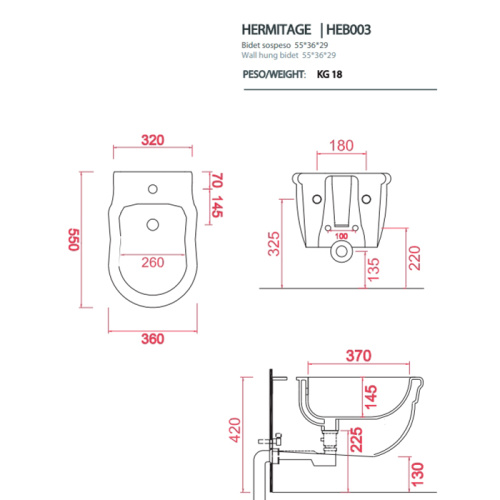 картинка Artceram HERMITAGE Биде подвесное 36х55см с 1 отв под смеситель, с крепежом в комплекте, цвет белый от магазина Сантехстрой