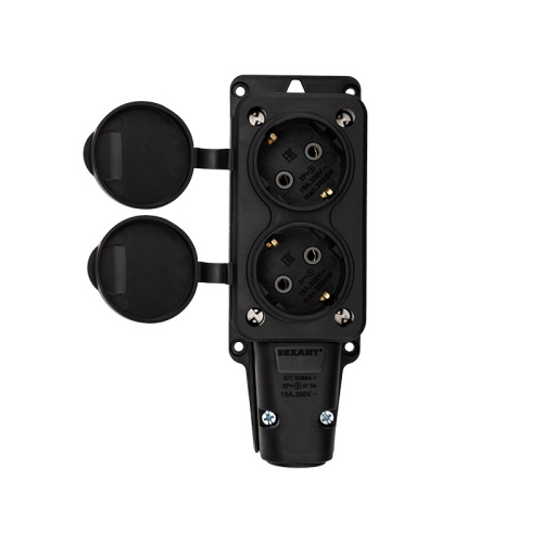 картинка Розетка штепсельная двухместная влагозащищенная,  с/з,  16 А,  IP54 каучук REXANT от магазина Сантехстрой