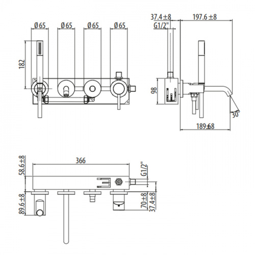 картинка GATTONI CIRCLE TWO Смеситель встраиваемый для ванны на 4 отв, с ручной лейкой с внутр.частью, цвет хром от магазина Сантехстрой
