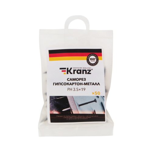 картинка Саморез гипсокартон-металл KRANZ 3.5х19, пакет (50 шт. /уп. ) от магазина Сантехстрой