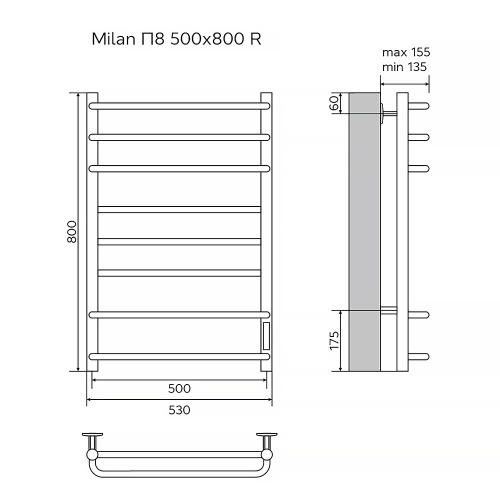 картинка Полотенцесушитель электрический AZARIO MILAN 500/800 8 секций, диммер справа, черный (AZ90858B) от магазина Сантехстрой