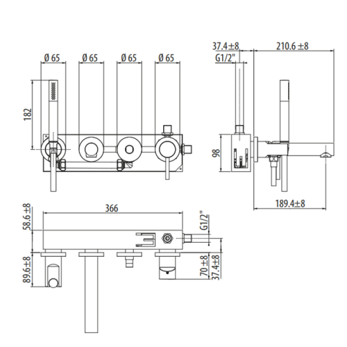 картинка GATTONI CIRCLE ONE Смеситель встроенный для ванны на 4 отв,с внутр частью, с ручной лейкой. цвет NERO OPACO от магазина Сантехстрой