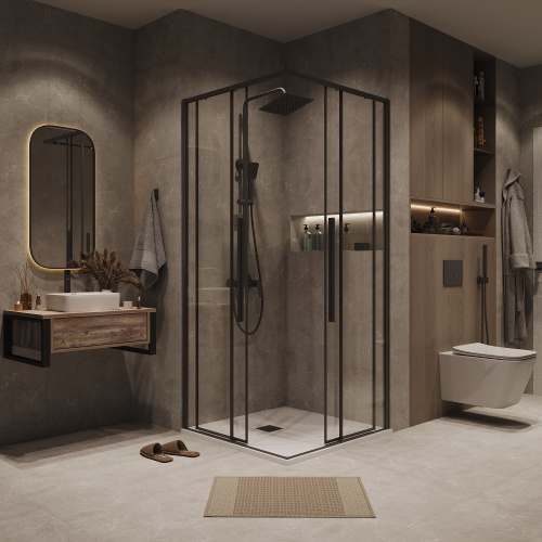 картинка Душевая перегородка 1/2 Grossman Galaxy 1/2.K33.01.11.21.00 (110х195) черный матовый,стекло прозрачное, 1 место от магазина Сантехстрой