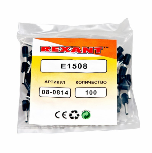 картинка Наконечник штыревой втулочный изолированный F-8 мм 1.5 мм² (НШВи 1.5-8) черный REXANT от магазина Сантехстрой