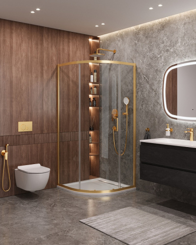 картинка Душевой уголок Cezares Molveno 90x90 MOLVENO-R-1-90-C-BORO-IV профиль Брашированное золото стекло прозрачное от магазина Сантехстрой