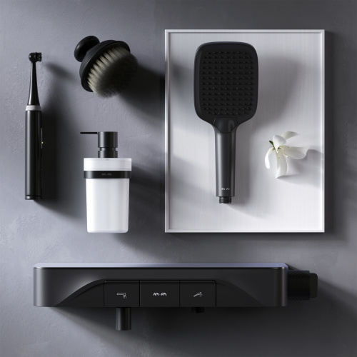 фото f8f10522 func, смеситель для душа, кнопочный с полкой, с изливом, черный