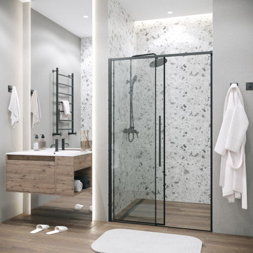 картинка Дверь в нишу Grossman Galaxy 100.K33.01.140.21.00 (140х195) черный матовый,стекло прозрачное,раздвижная, 1 место от магазина Сантехстрой