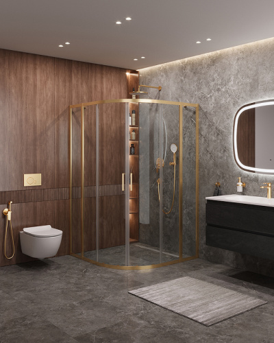 картинка Душевой уголок Cezares Molveno 120x120 MOLVENO-R-22-90+30-C-BORO-IV профиль Брашированное золото стекло прозрачное от магазина Сантехстрой